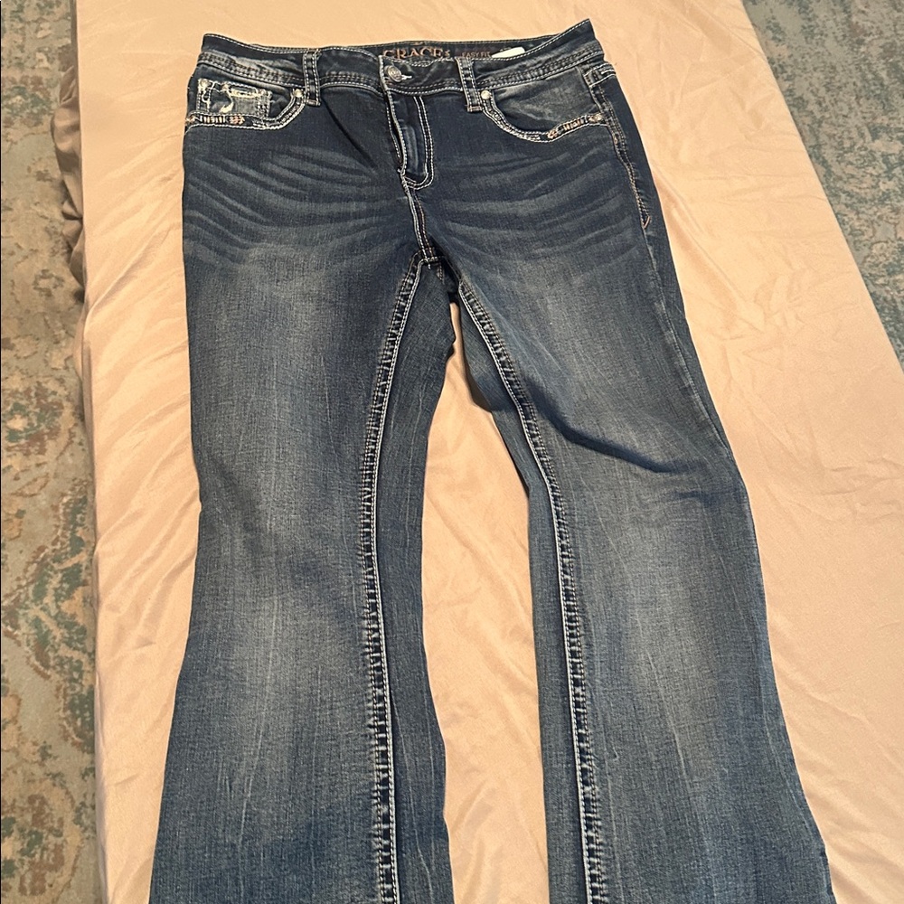 Grace Women's Boot Cut Jeans - Blue with White Accents - Picture 3 of 3